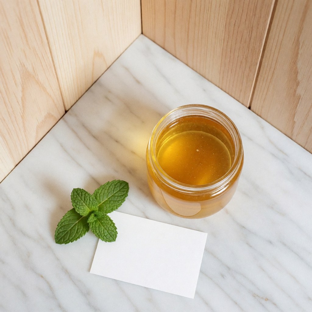 Golden honey jar with fresh mint leaf and white card on white and gray marble surface with light wood walls and natural lighting