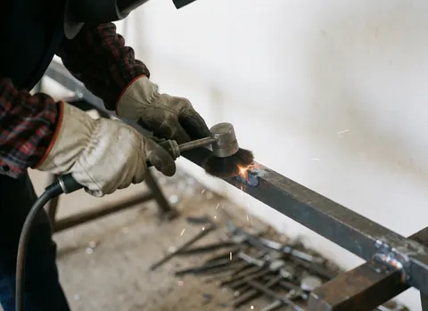 Close-up of a gloved hand using a brush to clean an iron joint in an industrial workshop with sparks and tools visible on the floor against a white wall