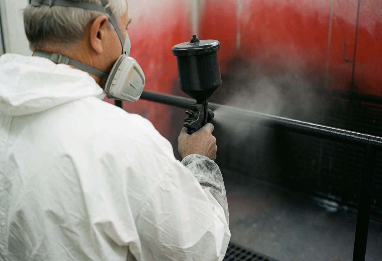 A painter in protective gear uses a spray gun to apply black paint to a metal railing in a workshop with red walls.