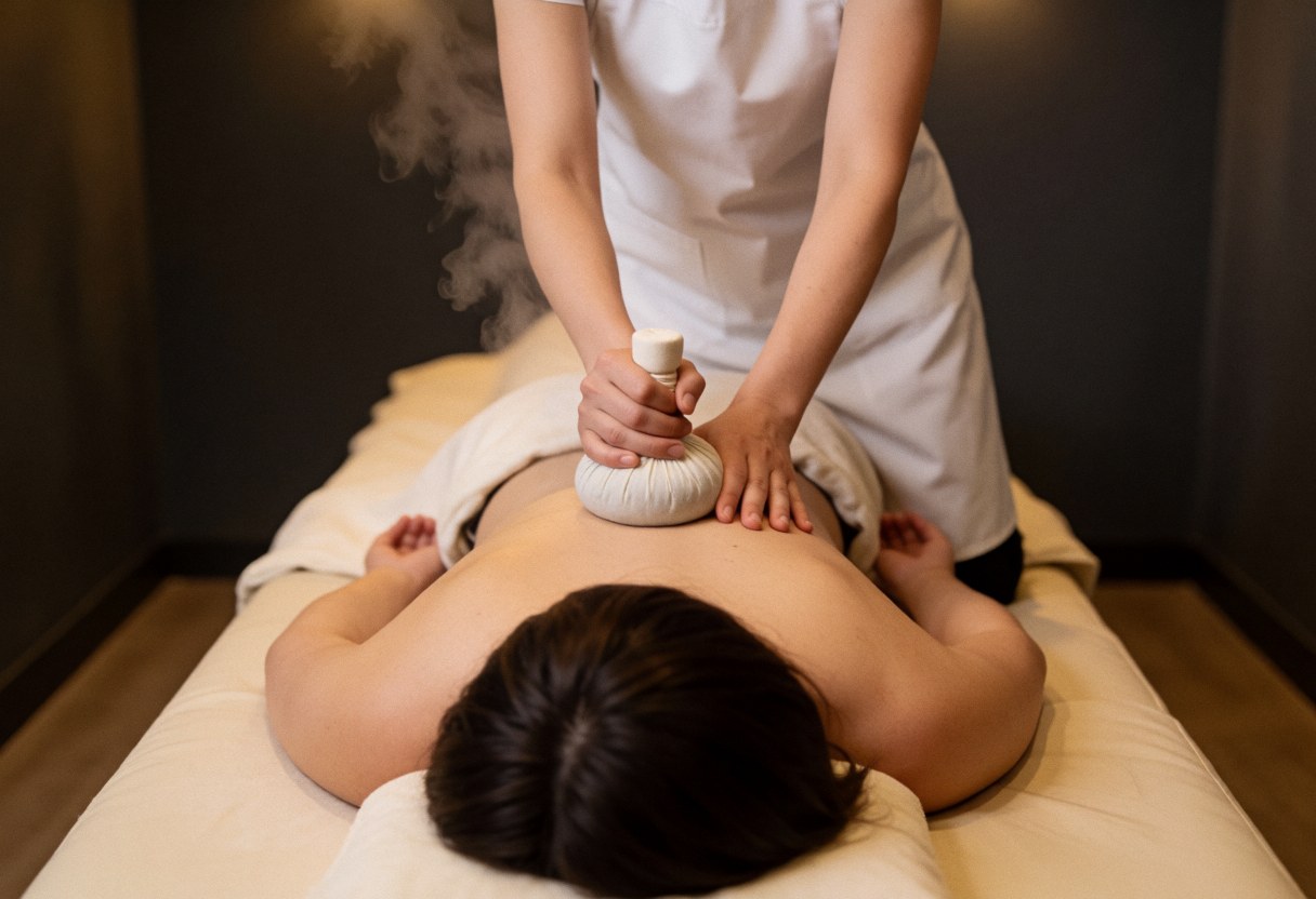 Therapist applying herbal compression massage to a client's back on a table with rising steam in a warm relaxing spa setting