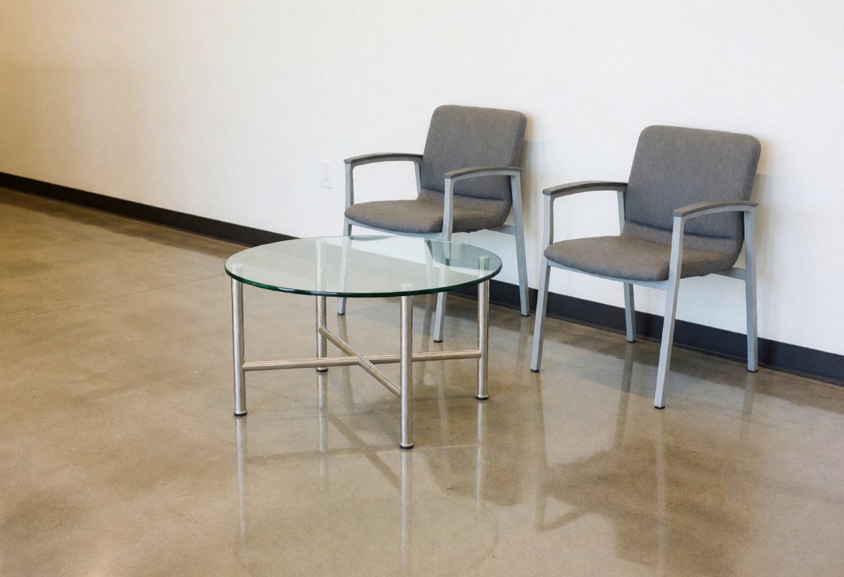 Modern waiting space featuring two gray chairs and a glass table on polished concrete floor with white walls and fluorescent lighting for copy center