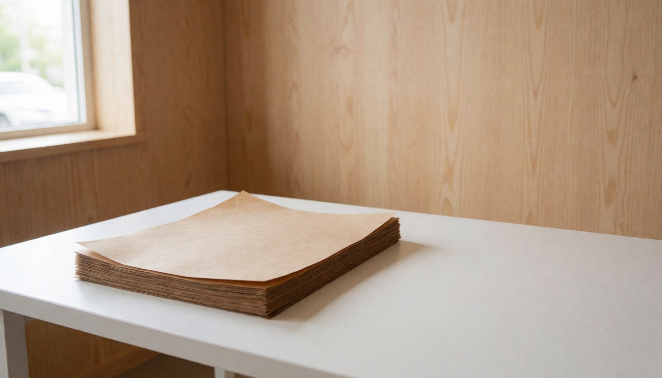 A neat pile of brown kraft paper sheets resting on a clean white desk surface with a wooden wall background and natural lighting