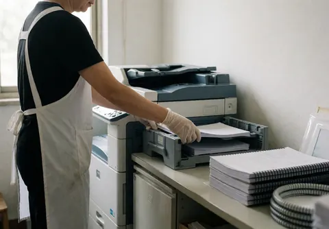 Copy center staff preparing professional binding and photocopying equipment for daily business operations