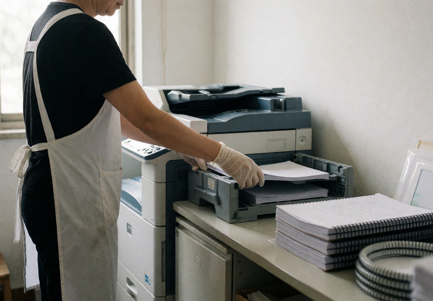 Copy center staff preparing professional binding and photocopying equipment for daily business operations