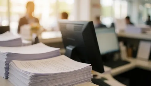 A blurred background of a copy center counter with stacked papers and office supplies, suitable for text overlay in business advertisements.