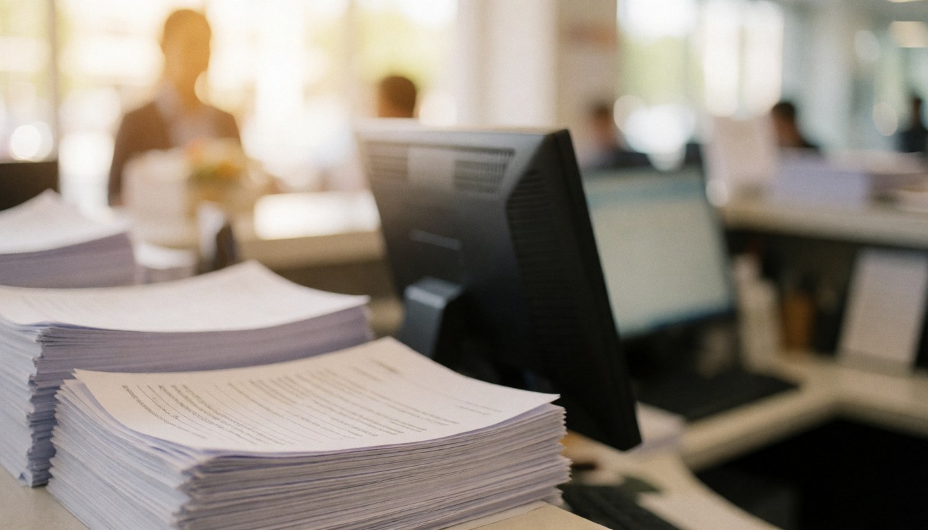 A blurred background of a copy center counter with stacked papers and office supplies, suitable for text overlay in business advertisements.