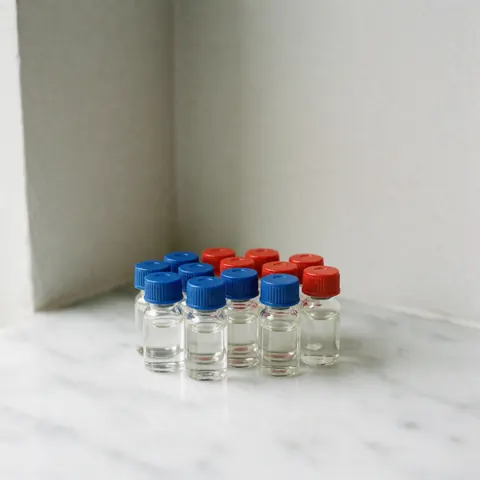 Clear glass vials with blue and red caps containing flower essence drops arranged on a polished white marble surface with natural lighting