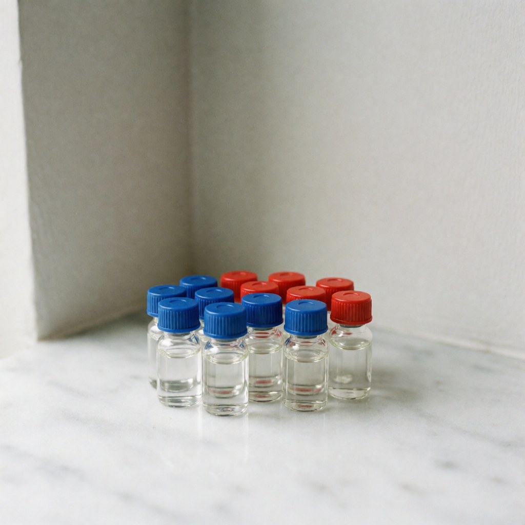 Clear glass vials with blue and red caps containing flower essence drops arranged on a polished white marble surface with natural lighting