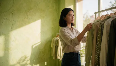 A young woman arranges clothing items on shelves in a boutique with green walls and natural light from a window.