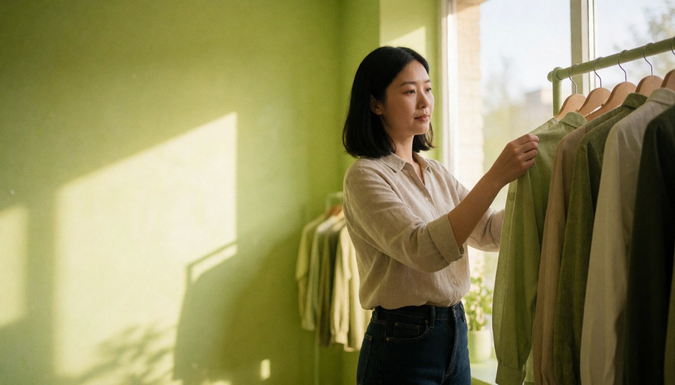 A young woman arranges clothing items on shelves in a boutique with green walls and natural light from a window.
