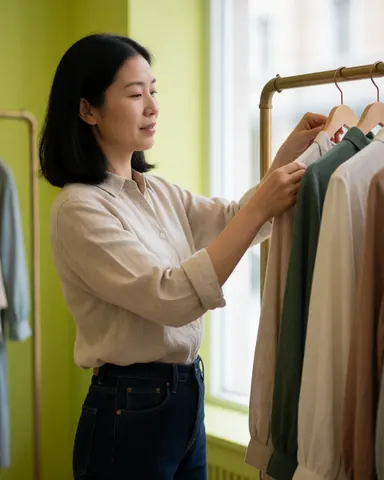 A woman standing in a clothing store arranging garments on a rack and adjusting items on a shelf near a mannequin.