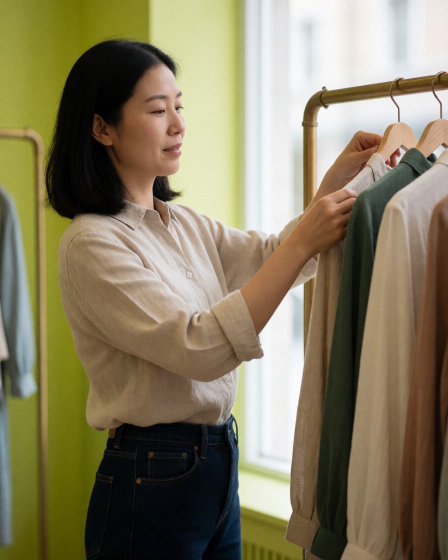 A woman standing in a clothing store arranging garments on a rack and adjusting items on a shelf near a mannequin.
