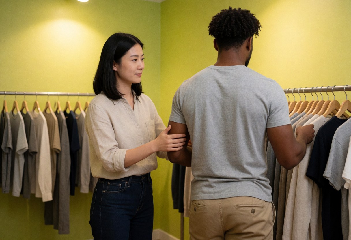 A saleswoman wearing green clothing assists a customer with clothing items on hangers inside a fashion retail store.