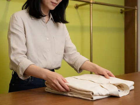 Close-up of hands carefully folding a garment on a wooden surface, highlighting textile details and craftsmanship in a boutique setting.