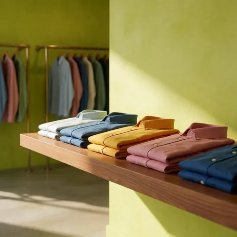 Neatly folded pleated garments arranged on a wooden display rack against a green wall with natural lighting for a boutique clothing store