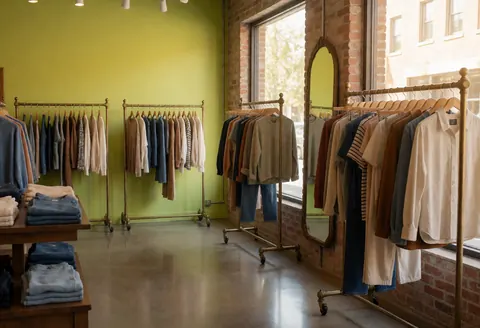 Interior view of a clothing store featuring bronze hangers, green walls, polished floors, and wooden tables with folded garments.