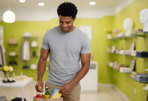 A man stands inside a modern clothing store holding a paper shopping bag, smiling while looking at merchandise displayed on shelves and mannequins.