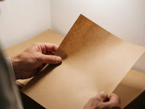 Close-up of an adult hand holding a sheet of brown kraft paper with visible texture in a professional setting with warm lighting and a blurred background of more paper.