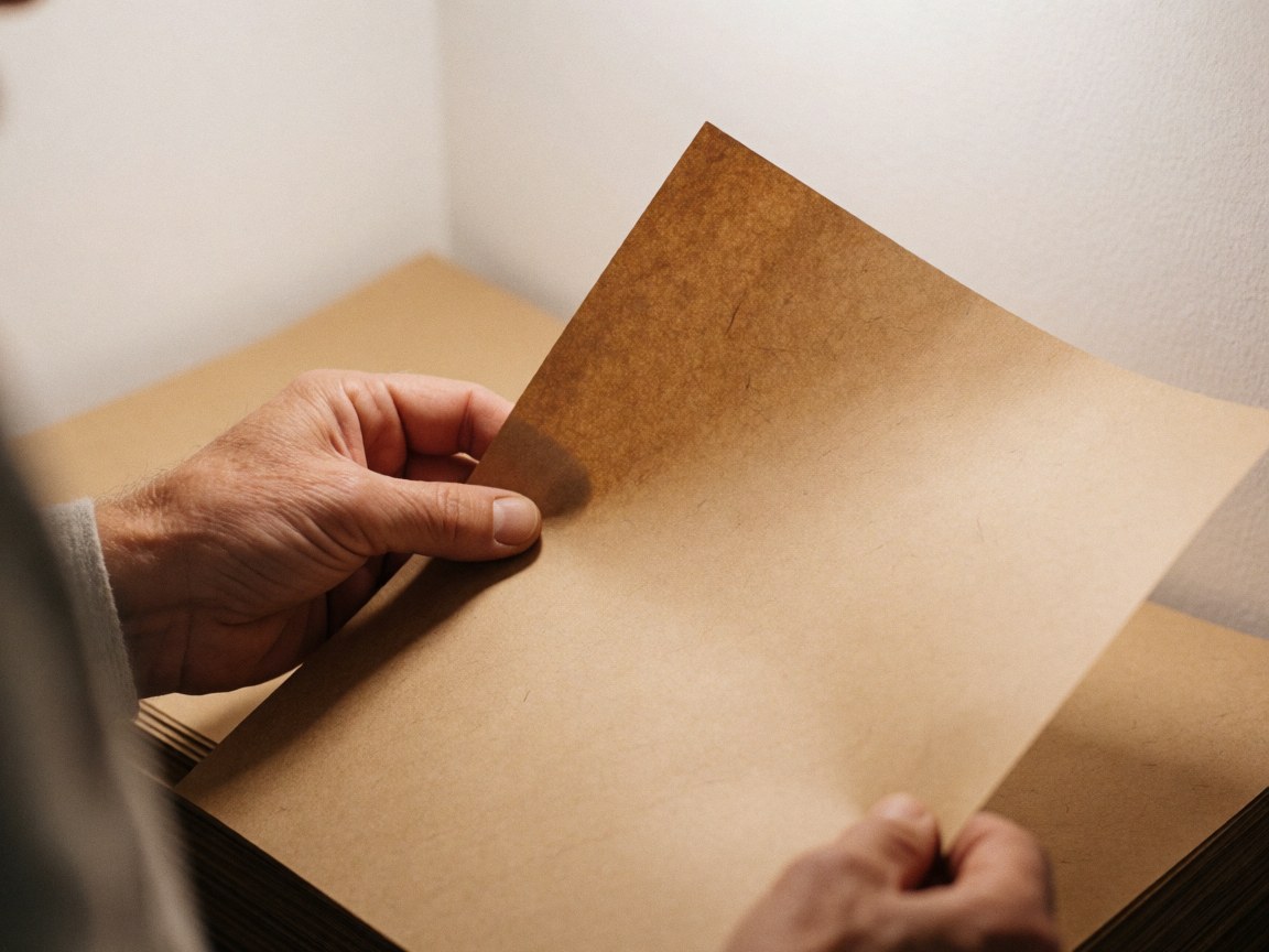 Close-up of an adult hand holding a sheet of brown kraft paper with visible texture in a professional setting with warm lighting and a blurred background of more paper.