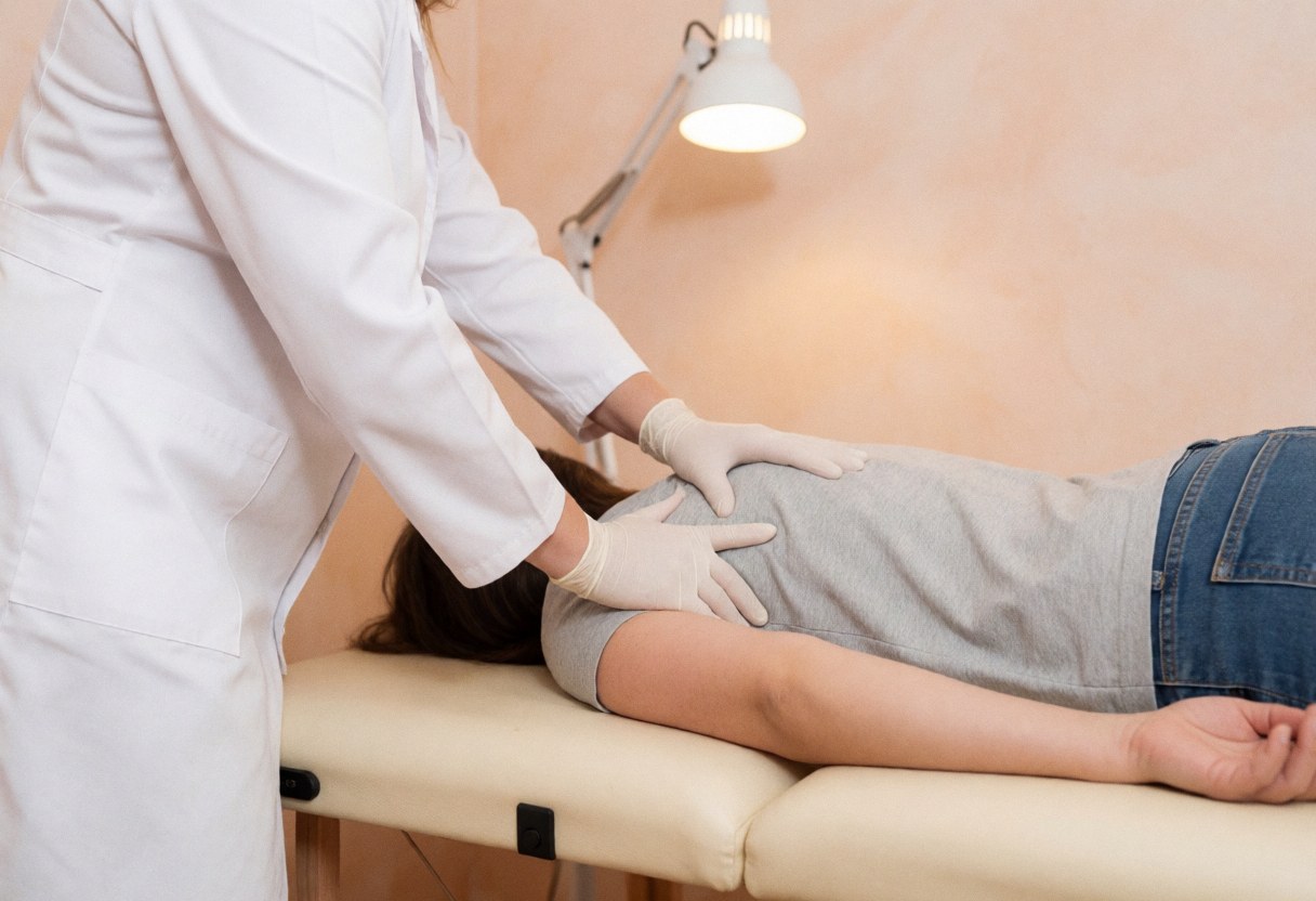 A therapist wearing gloves performs manual therapy on a patient's shoulder in a clean clinic with warm lighting and terracotta walls.