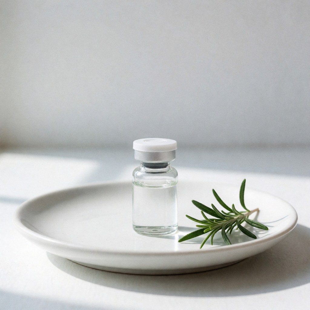 Clear homeopathic vial with fresh rosemary sprig on white ceramic plate, natural light, blurred white background, clean minimalist aesthetic for natural products