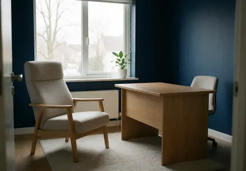 Quiet homeopath consultation room featuring a desk, chair, dark blue wall, natural light, and a calm atmosphere for business storefronts and interiors.