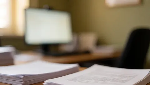 A wooden office desk with scattered papers and a chair, providing a calm and professional background for hypnotherapy services.