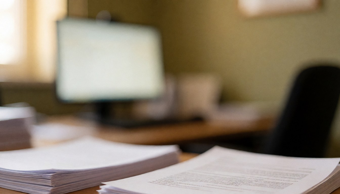 A wooden office desk with scattered papers and a chair, providing a calm and professional background for hypnotherapy services.