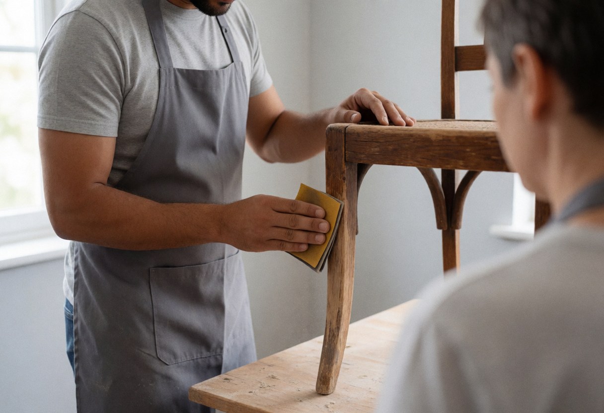 A carpenter sands a wooden chair in a workshop with natural light while another person watches from behind