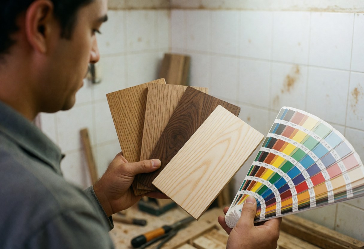Carpenter in workshop choosing wood samples and color swatches with tiled walls and visible tools during active work