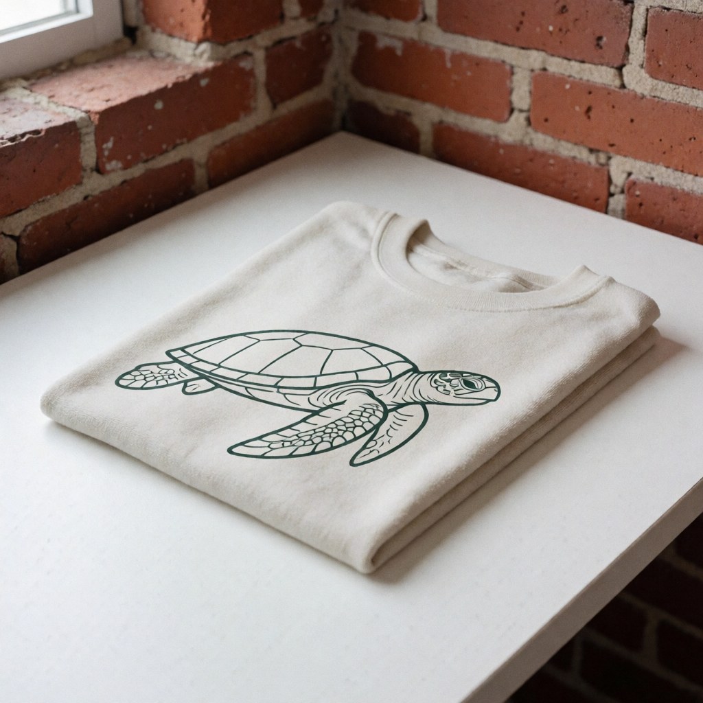 A white folded t-shirt featuring a line drawing of a sea turtle, placed on a white table against a red brick wall with natural light.