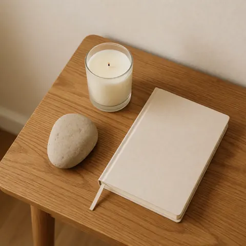 A relaxation kit featuring a stone, candle, and journal arranged on a wooden table, creating a serene and organized atmosphere for therapy and wellness.