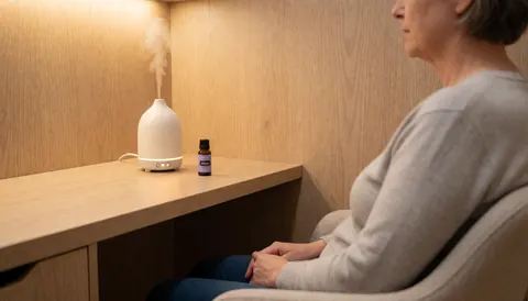 A wooden table beside a hypnotherapy chair holds an essential oil diffuser and lavender oil, creating a warm and relaxing atmosphere for clients.