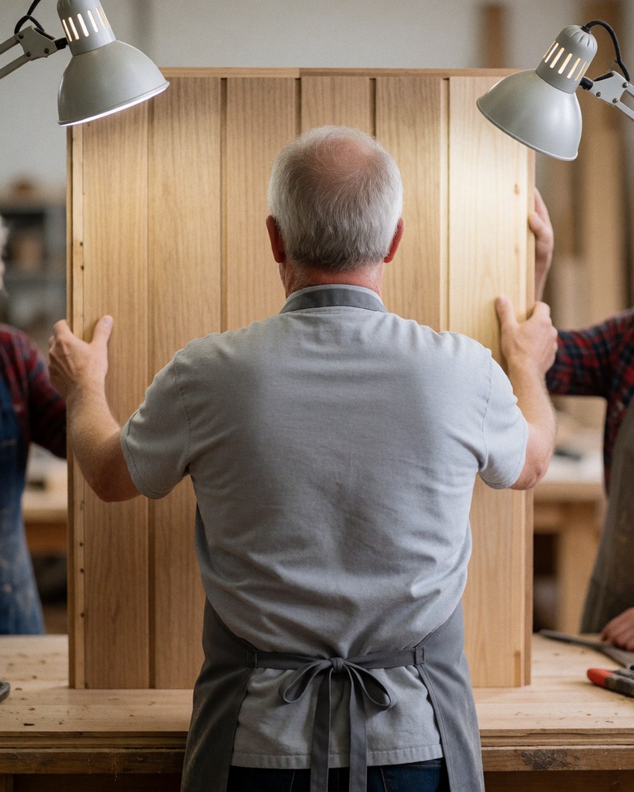 Carpenter wearing a gray apron adjusts a wooden panel in a workshop illuminated by two work lights with tools and wood around