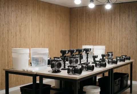 A clean wooden table with organized underwater photography gear, a camera, and a strobe light ready for use in a professional aquatic setting