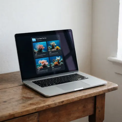 Laptop screen showing coral reef photos placed on a rustic wooden table in a bright room with white walls and natural light.