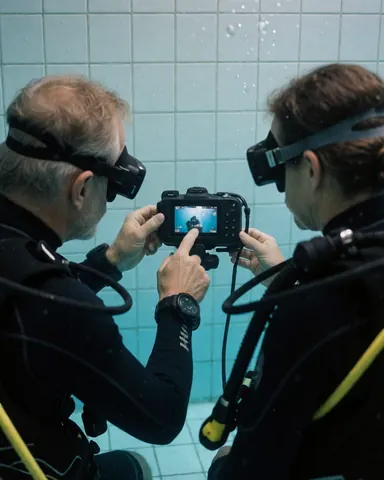 An instructor and a client in a pool check a dive camera screen while wearing scuba gear, with white tiles in the background.