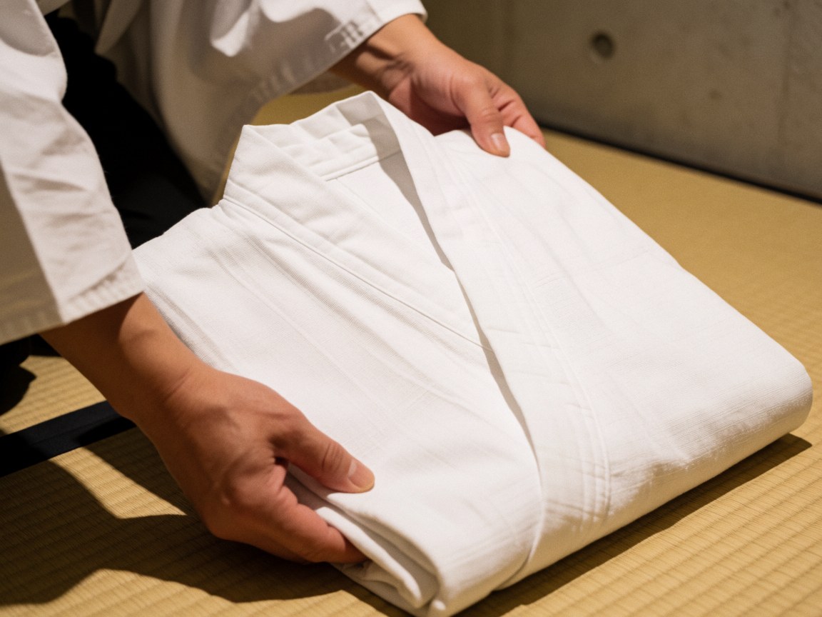 A neatly folded white cotton yukata resting on a traditional woven tatami mat, highlighting texture and calm interior details for wellness settings
