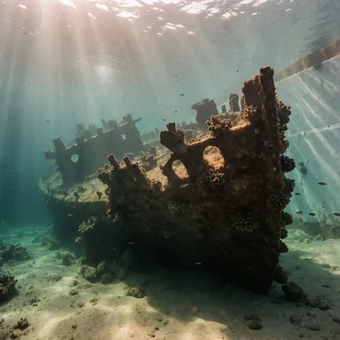 Ancient shipwreck covered in corals and sponges with sunlight penetrating the water and small fish swimming near the sandy bottom