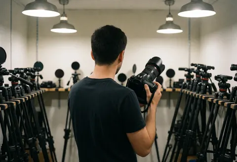 A photographer inspects professional camera gear including lenses, tripods, and studio lights in preparation for a shoot.