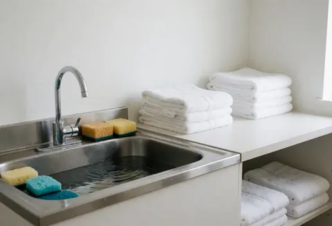 Organized stainless steel sink area with stacked white towels and sponges for cleaning underwater photography equipment, illuminated by natural light.