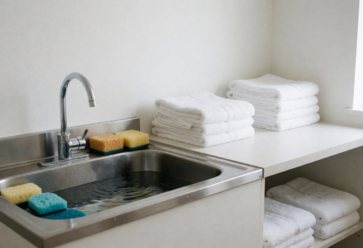 Organized stainless steel sink area with stacked white towels and sponges for cleaning underwater photography equipment, illuminated by natural light.