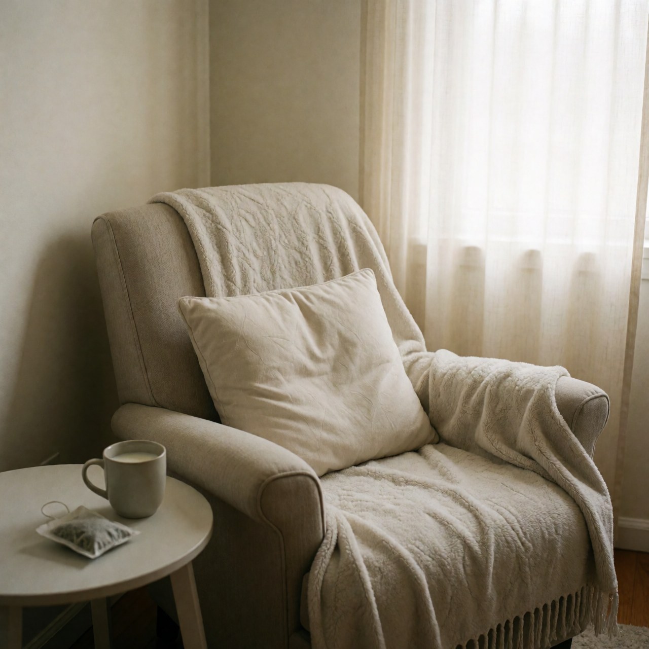 Cozy chair with blanket and cushion, tea cup on side table near window with soft light, creating a relaxing atmosphere for postnatal recovery.