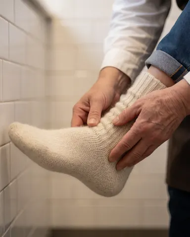 Close-up of an adult hand placing a thick wool sock on the foot of an older client in a warm tiled room.