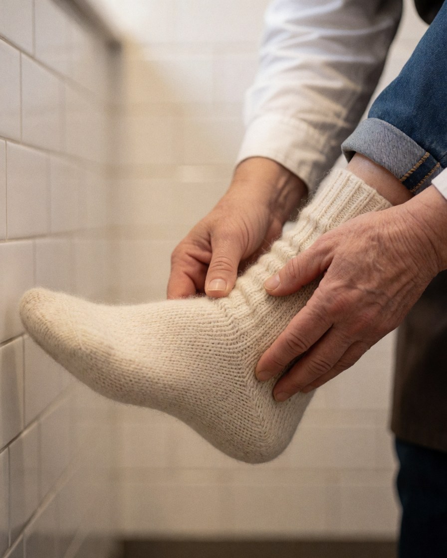 Close-up of an adult hand placing a thick wool sock on the foot of an older client in a warm tiled room.