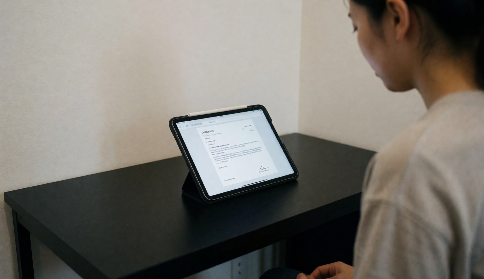 A professional photographer seen from behind working on a tablet at a clean black desk in a minimalist office setting with soft lighting