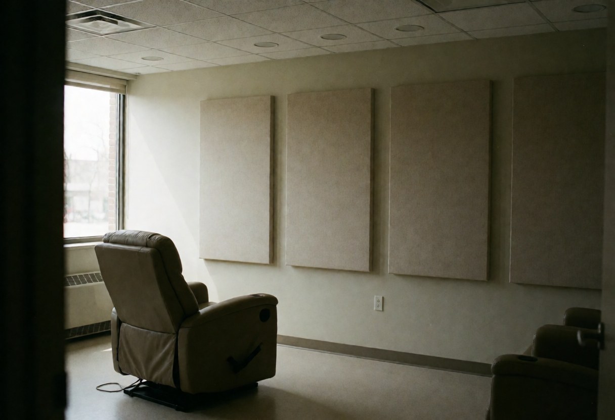 A calm hypnotherapy induction room featuring a recliner chair, acoustic panels, and natural light for relaxation