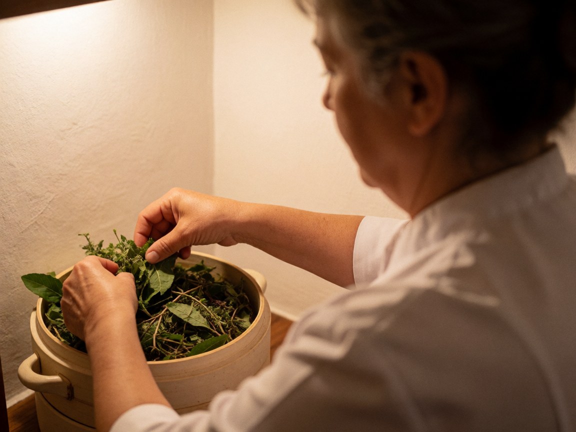 Hands placing fresh herbs into a ceramic bowl on a white surface with warm lighting for a relaxing ayurvedic therapy setting