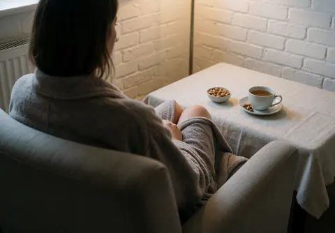 A person relaxing in a comfortable chair within a serene interior space, featuring brick walls and a table with tea and nuts, ideal for an Ayurvedic massage therapy storefront.