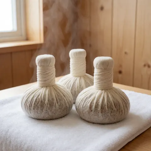 Three steaming herbal pots placed on a white towel against a light wood wall, creating a clean and realistic scene for ayurvedic massage therapy.